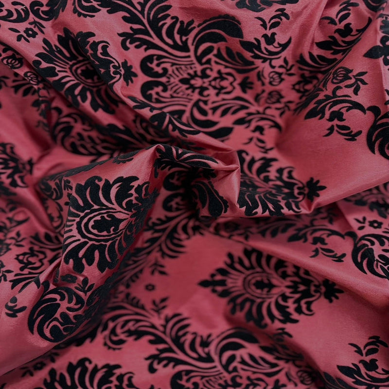 Dark Red | Black Damask Flocking Velvet Taffeta Fabric