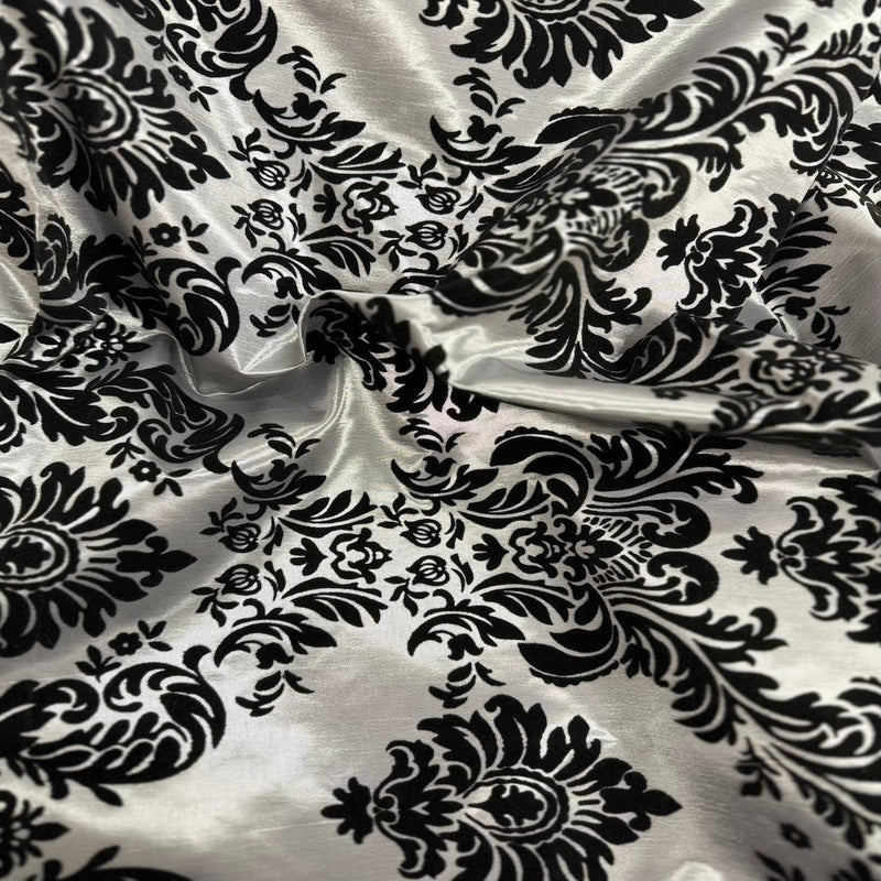 Silver | Black Damask Flocking Velvet Taffeta Fabric