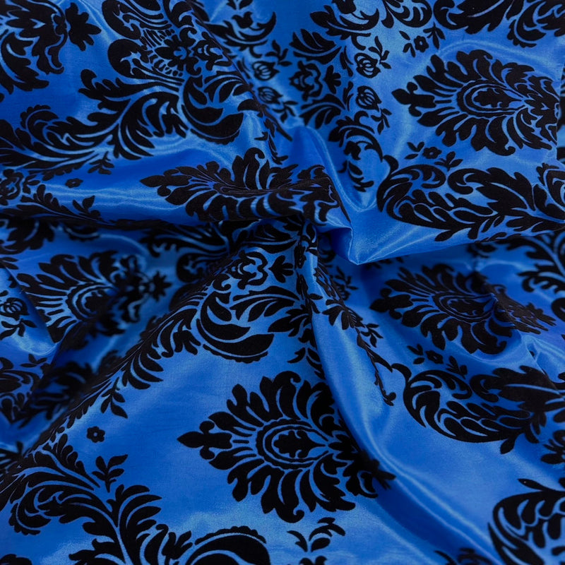 Royal Blue | Black Damask Flocking Velvet Taffeta Fabric