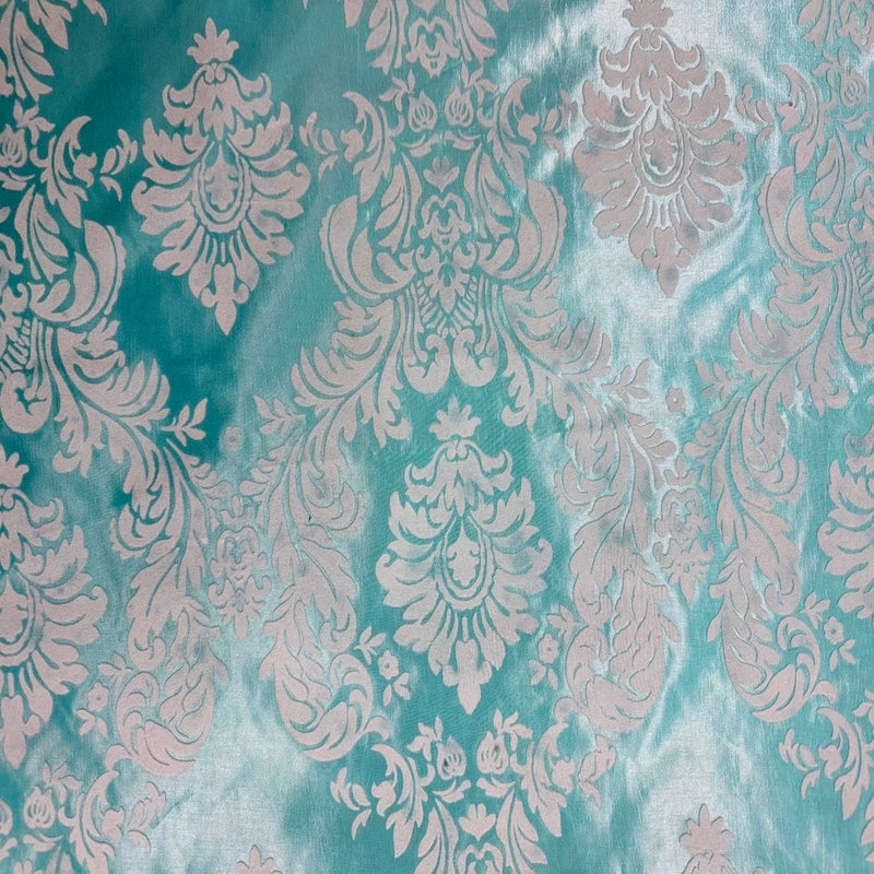 Aqua Blue | White Damask Flocking Velvet Taffeta Fabric