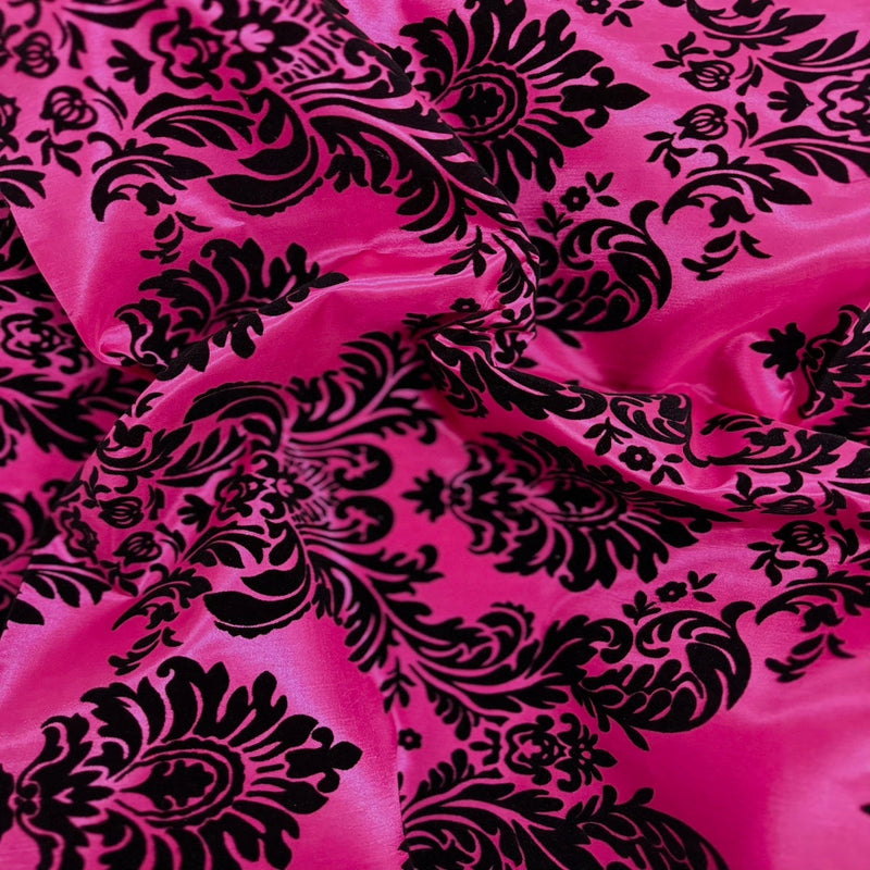 Hot Pink | Black Damask Flocking Velvet Taffeta Fabric