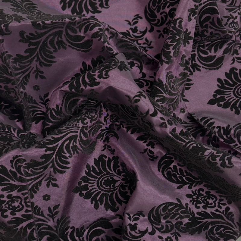 Plum Purple | Black Damask Flocking Velvet Taffeta Fabric