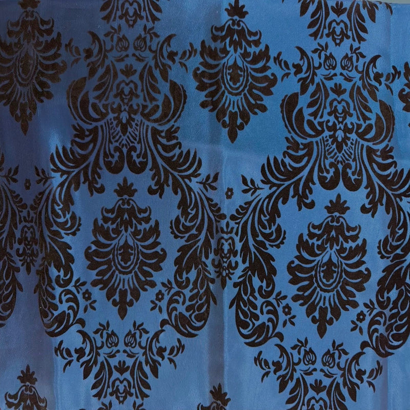 Teal Blue | Black Damask Flocking Velvet Taffeta Fabric