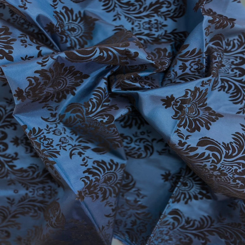 Teal Blue | Black Damask Flocking Velvet Taffeta Fabric