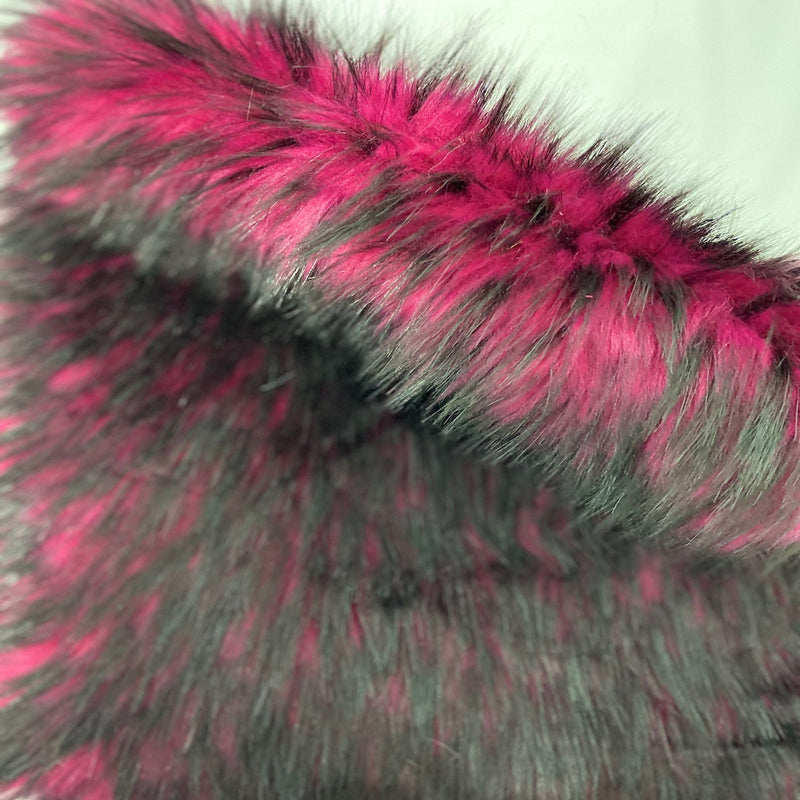 Fuchsia Black Husky Print Long Pile Shaggy Faux Fur Fabric