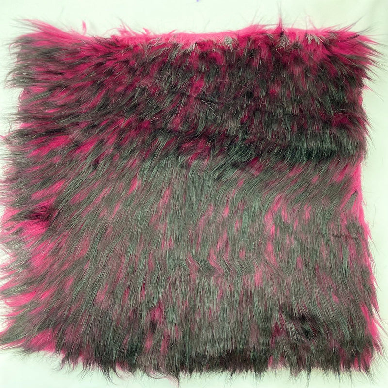 Fuchsia Black Husky Print Long Pile Shaggy Faux Fur Fabric