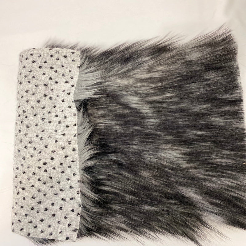 Gray Black Husky Print Long Pile Shaggy Faux Fur Fabric