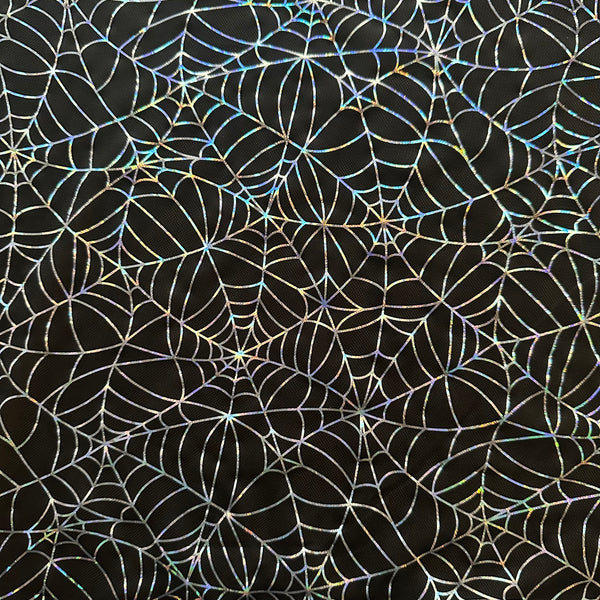 Spider Web Stretchy Mesh Poly Spandex hologram Fabric  | Spandex Palace Black Silver