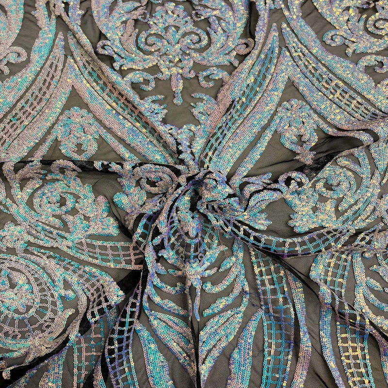 Pearl Blue Iridescent | Black Catina Sequins Lace Fabric