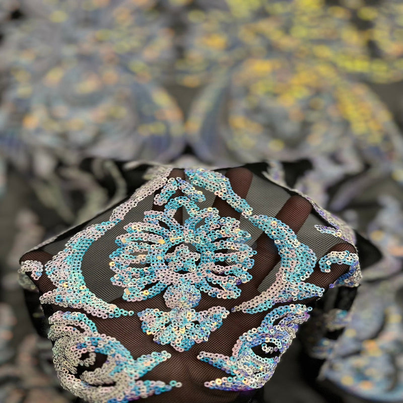 Pearl Blue Iridescent | Black Catina Sequins Lace Fabric