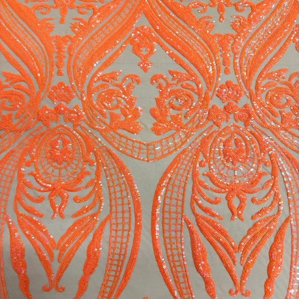 Neon Orange Iridescent Catina Sequins Lace Fabric