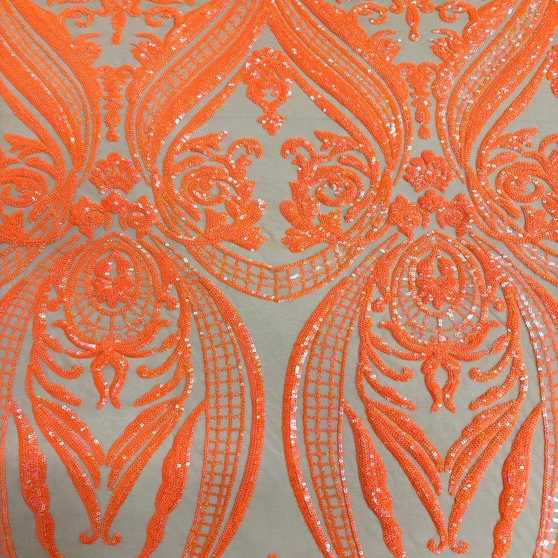 Neon Orange Iridescent Catina Sequins Lace Fabric