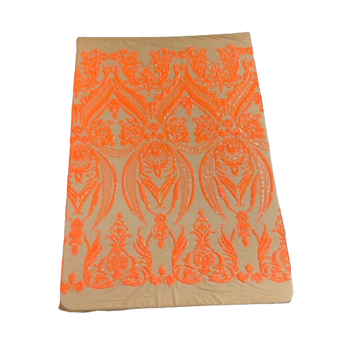 Neon Orange Iridescent Catina Sequins Lace Fabric