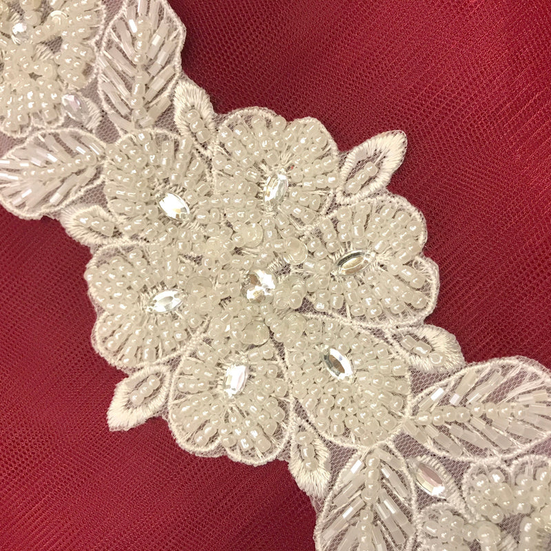 Pearl & Rhinestone Beaded Lace Applique for Bridal, Wedding Dresses & Dance Costumes | Handmade on 100% Polyester Net Mesh | Lace USA - 20010W-BP