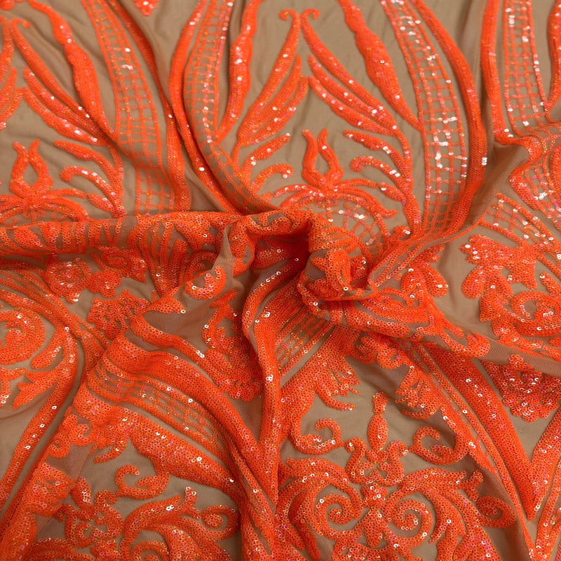 Neon Orange Iridescent Catina Sequins Lace Fabric