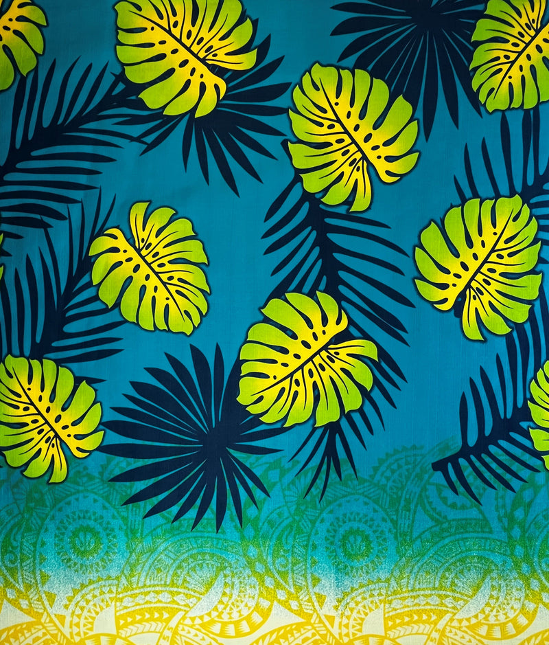 Monstera Palm Leaves Traditional Tattoo Border Fabric | Light Barkcloth l Spandex Palace