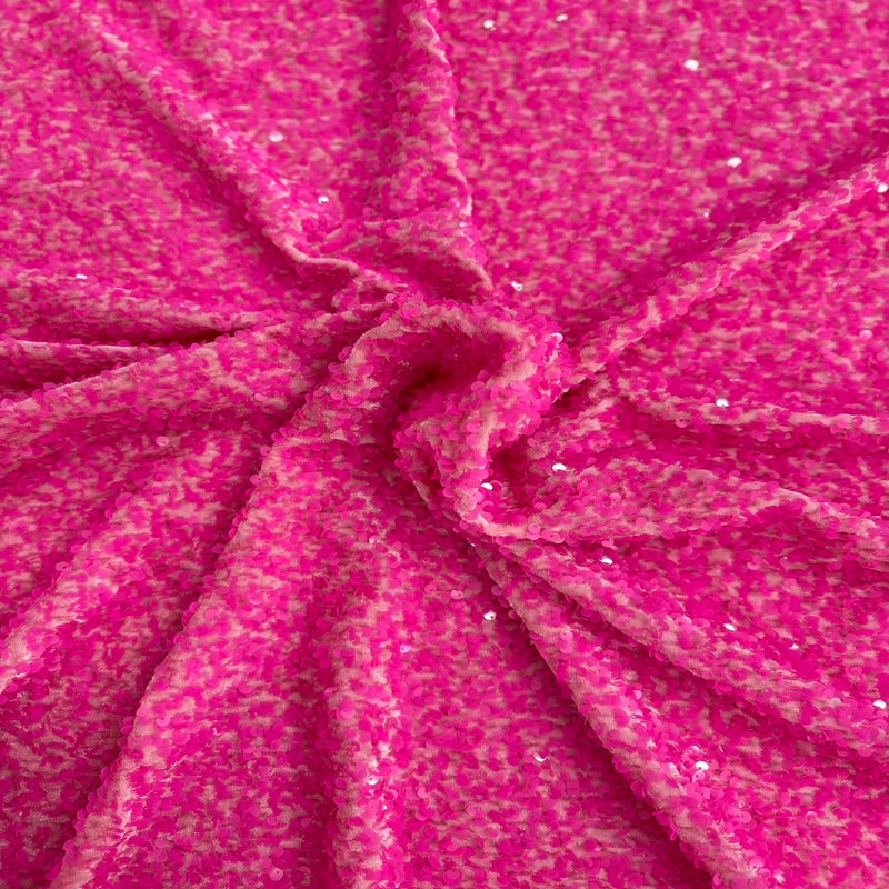 Neon Pink Sequins Embroidered Stretch Velvet Rodeo Fabric