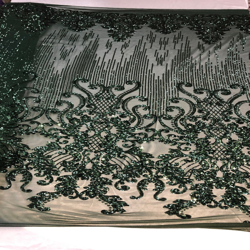 Green Iridescent Alta Striped Damask Sequins Lace Fabric