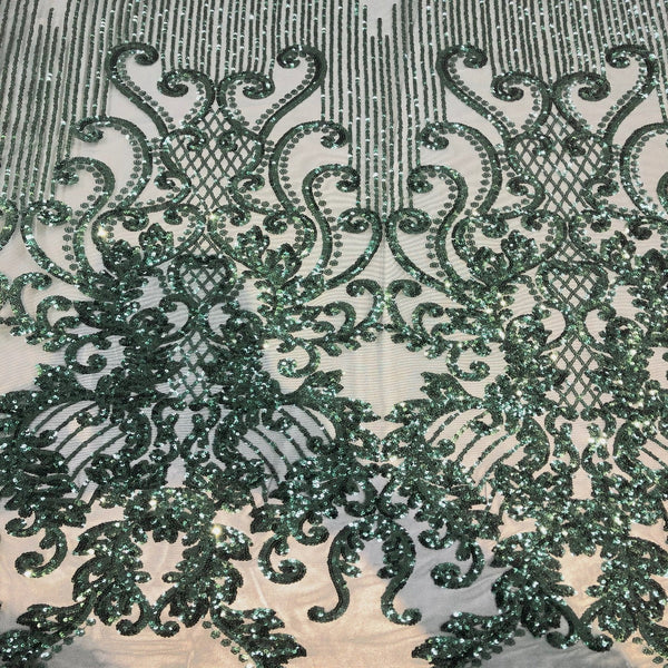 Hunter Green Alta Striped Damask Sequins Lace Fabric