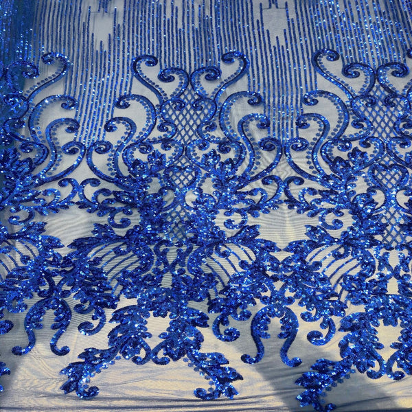 Royal Blue Alta Striped Damask Sequins Lace Fabric