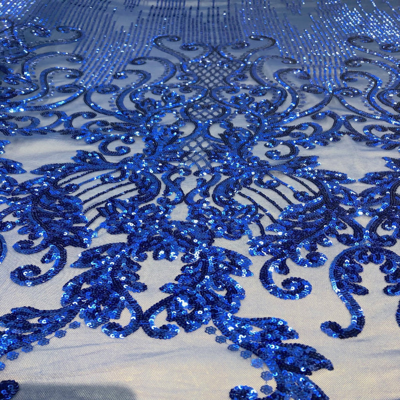 Royal Blue Alta Striped Damask Sequins Lace Fabric