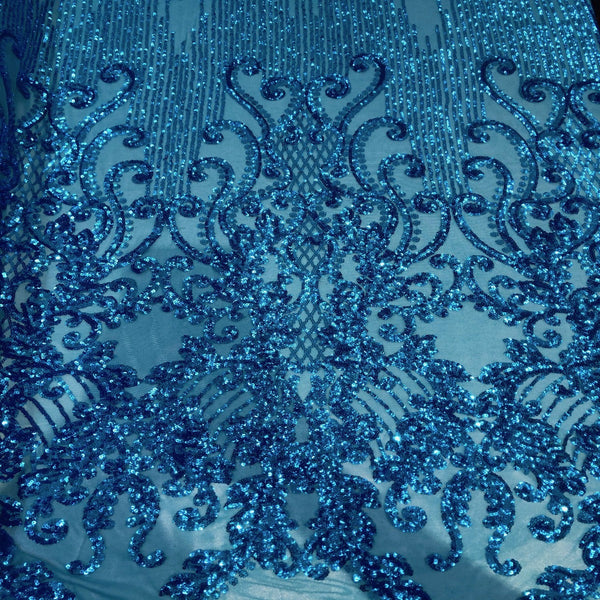 Turquoise Alta Striped Damask Sequins Lace Fabric