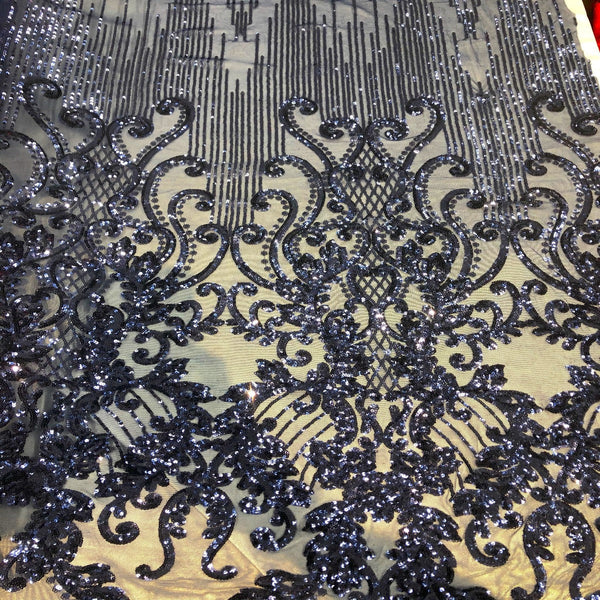 Navy Blue Alta Striped Damask Sequins Lace Fabric