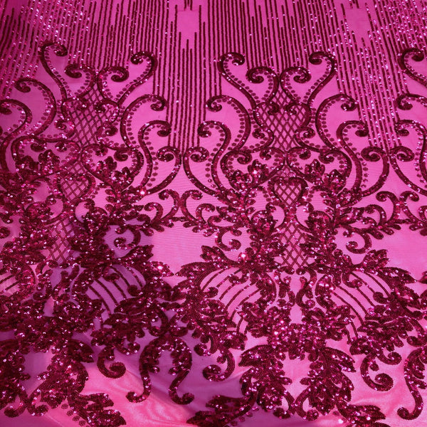 Fuchsia Alta Striped Damask Sequins Lace Fabric