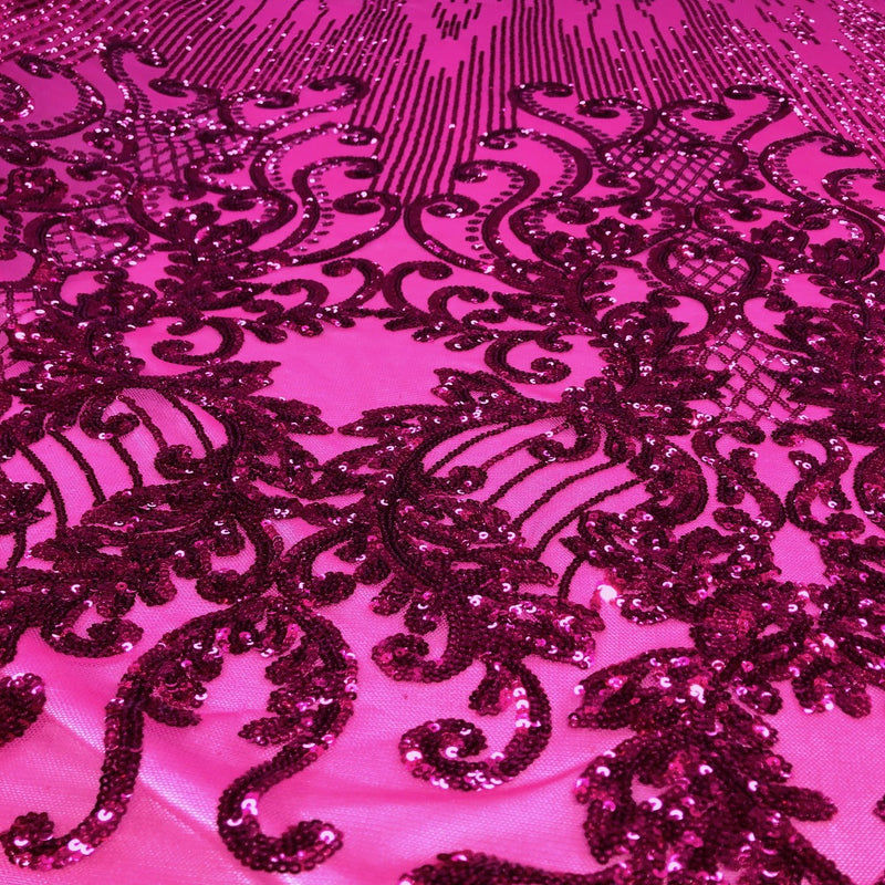 Fuchsia Alta Striped Damask Sequins Lace Fabric