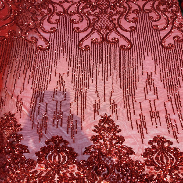 Red Alta Striped Damask Sequins Lace Fabric