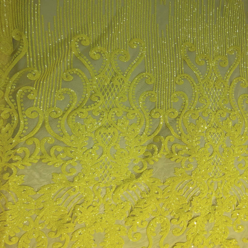 Neon Yellow Alta Striped Damask Sequins Lace Fabric