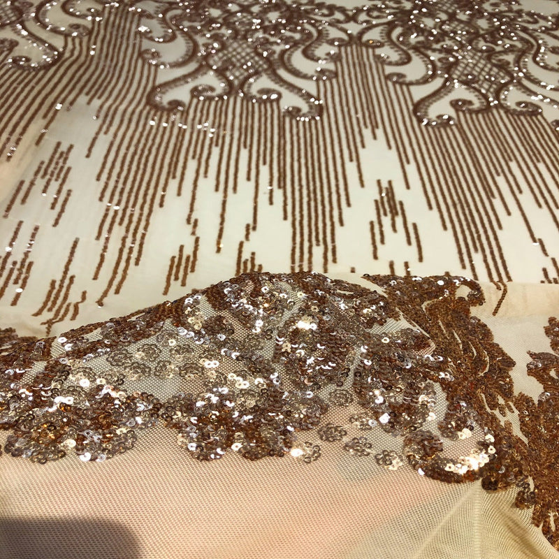 Bronze Gold Alta Striped Damask Sequins Lace Fabric