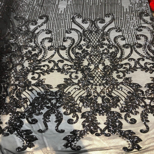 Black Alta Striped Damask Sequins Lace Fabric