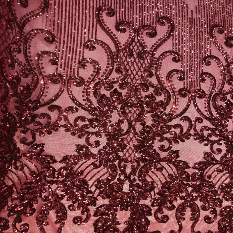 Burgundy Alta Striped Damask Sequins Lace Fabric