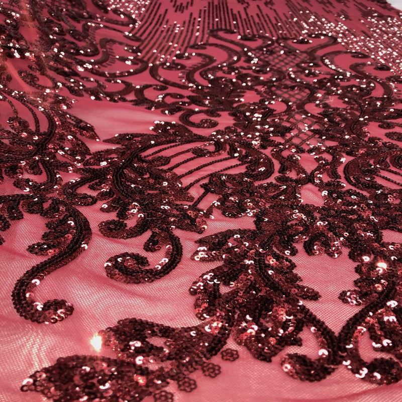 Burgundy Alta Striped Damask Sequins Lace Fabric