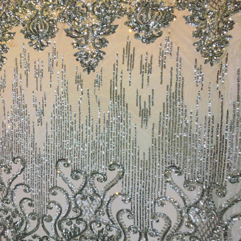 Silver Alta Striped Damask Sequins Lace Fabric