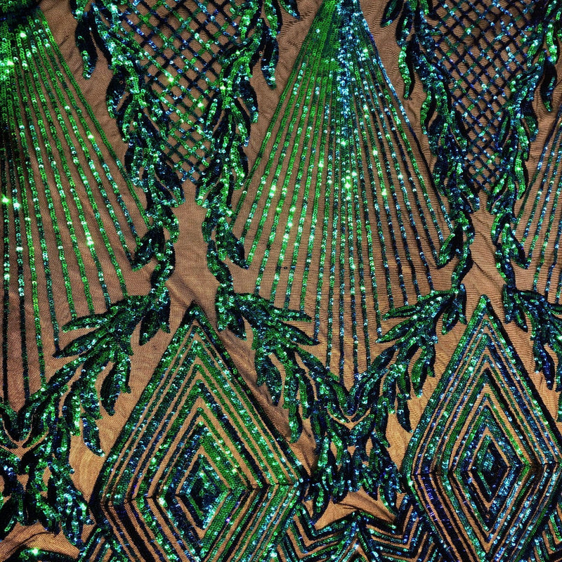 Iridescent Green Alpica Sequins Lace Fabric