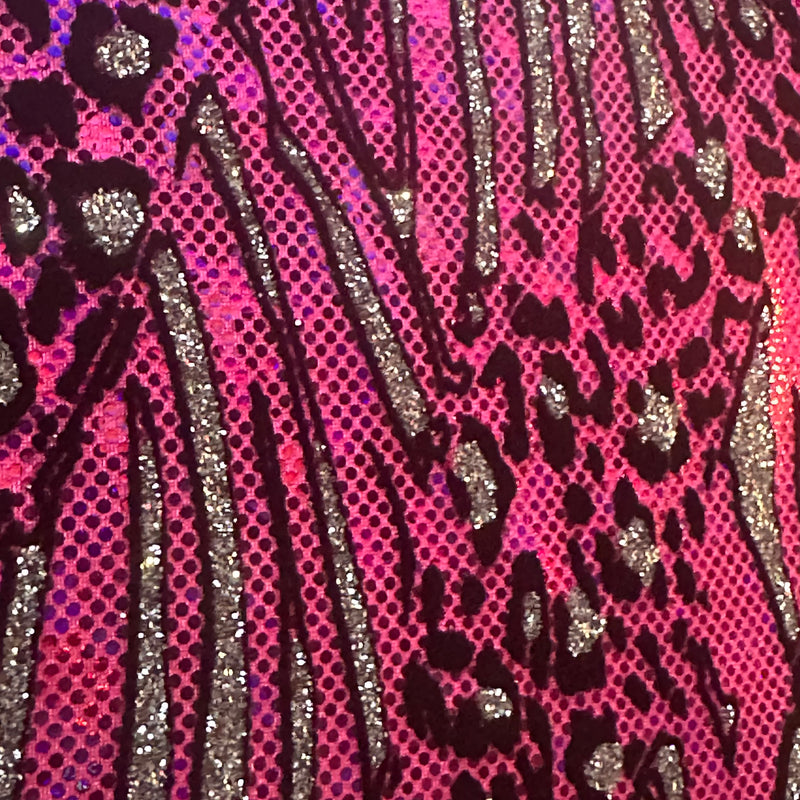 Cheetah Metallic Flocking Hologram Fabric in Nylon Spandex | Spandex Palace Fuchsia