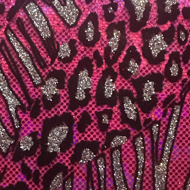 Cheetah Metallic Flocking Hologram Fabric in Nylon Spandex | Spandex Palace Fuchsia