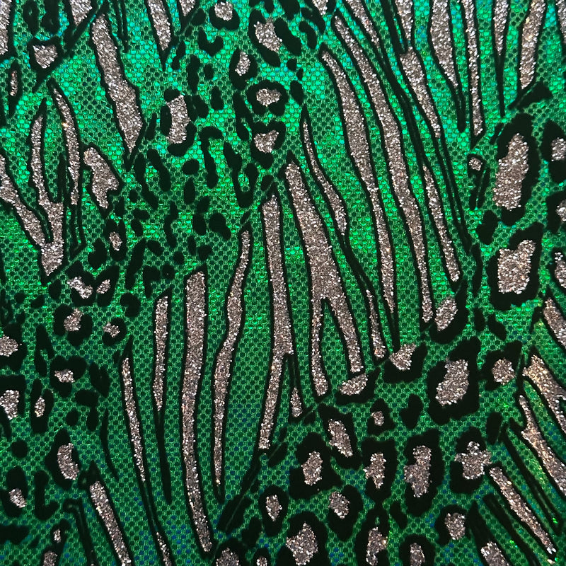 Cheetah Metallic Flocking Hologram Fabric in Nylon Spandex | Spandex Palace Green