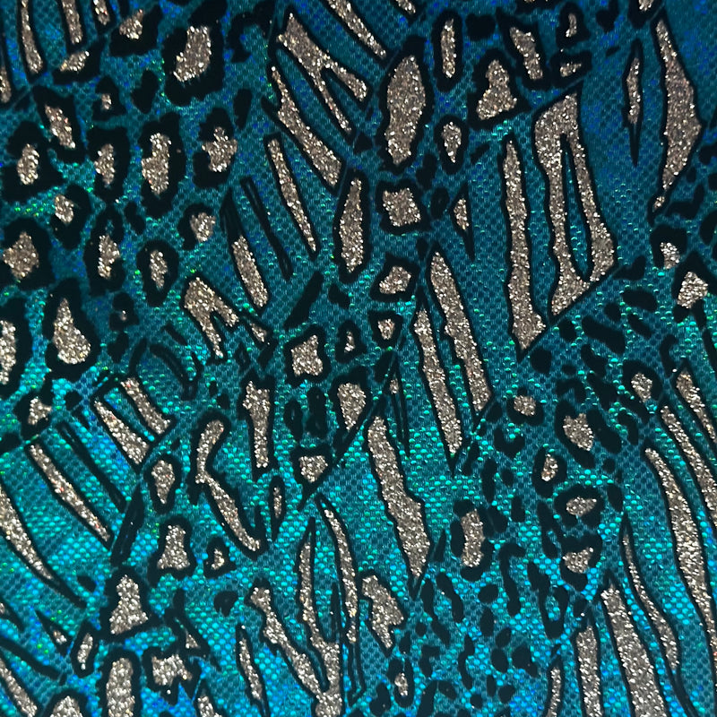 Cheetah Metallic Flocking Hologram Fabric in Nylon Spandex | Spandex Palace Turquoise 