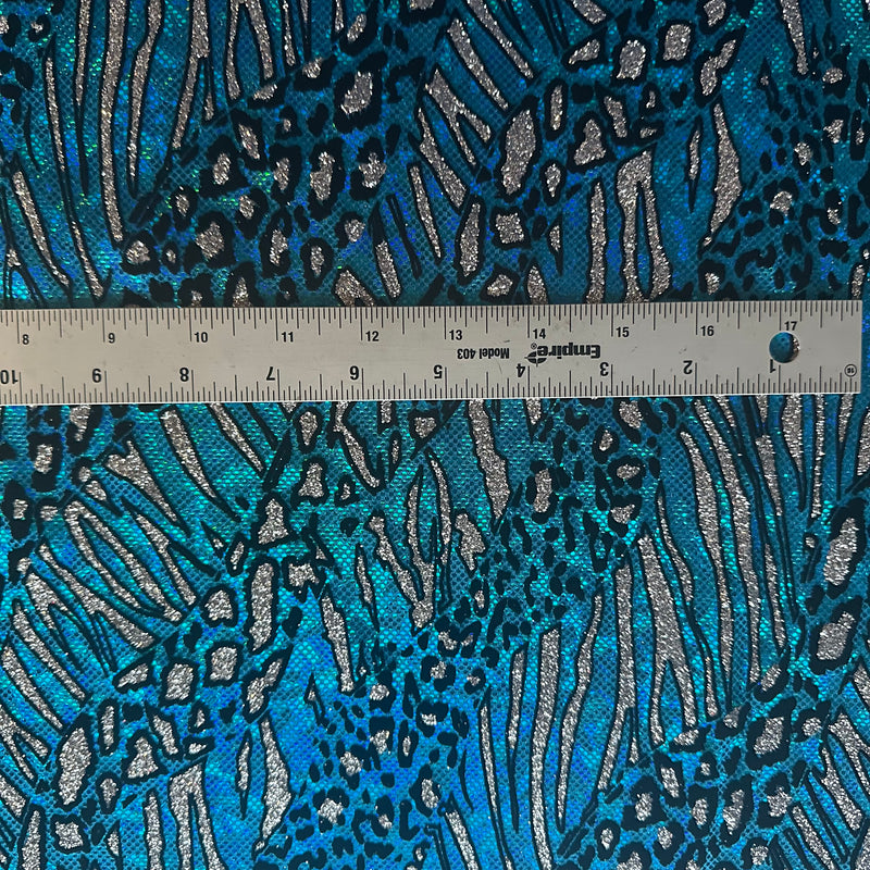 Cheetah Metallic Flocking Hologram Fabric in Nylon Spandex | Spandex Palace Turquoise 