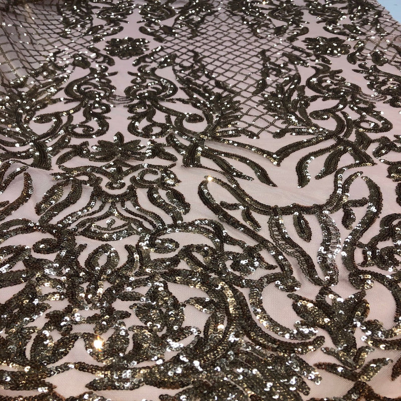 Bronze Dusty Pink Mesh Luna Stretch Sequins Lace Fabric