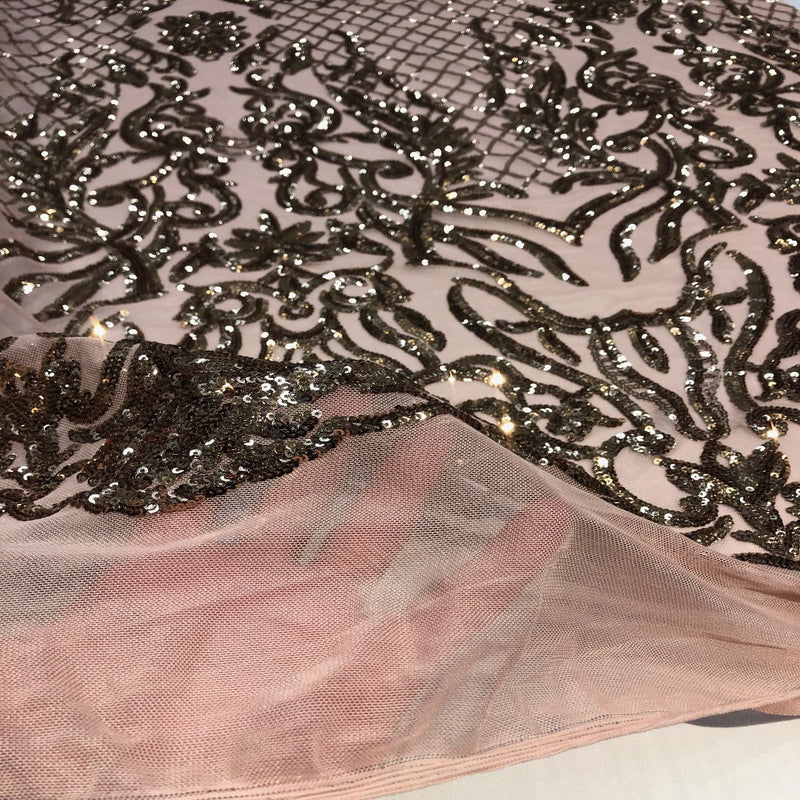 Bronze Dusty Pink Mesh Luna Stretch Sequins Lace Fabric