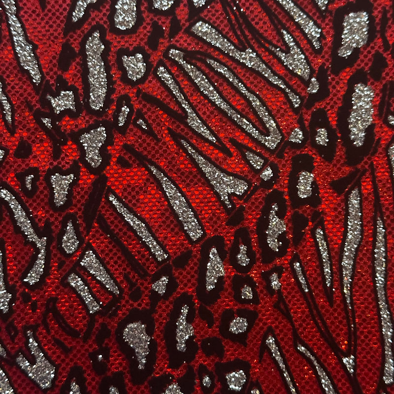 Cheetah Metallic Flocking Hologram Fabric in Nylon Spandex | Spandex Palace Red