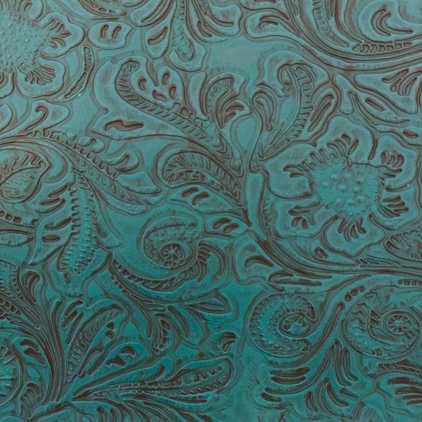 Turquoise Blue Western Floral PU Faux Leather Vinyl Fabric