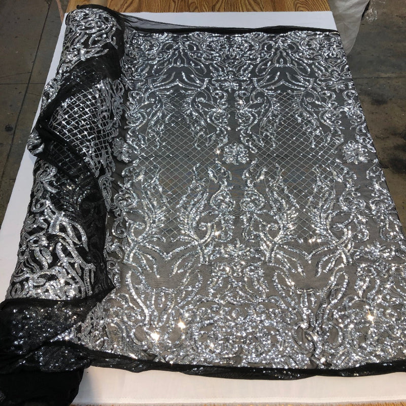 Black Silver Luna Stretch Sequins Lace Fabric