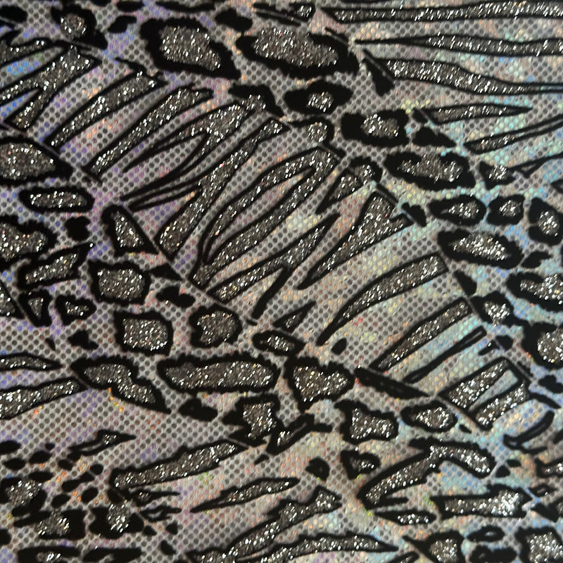 Cheetah Metallic Flocking Hologram Fabric in Nylon Spandex | Spandex Palace White Silver