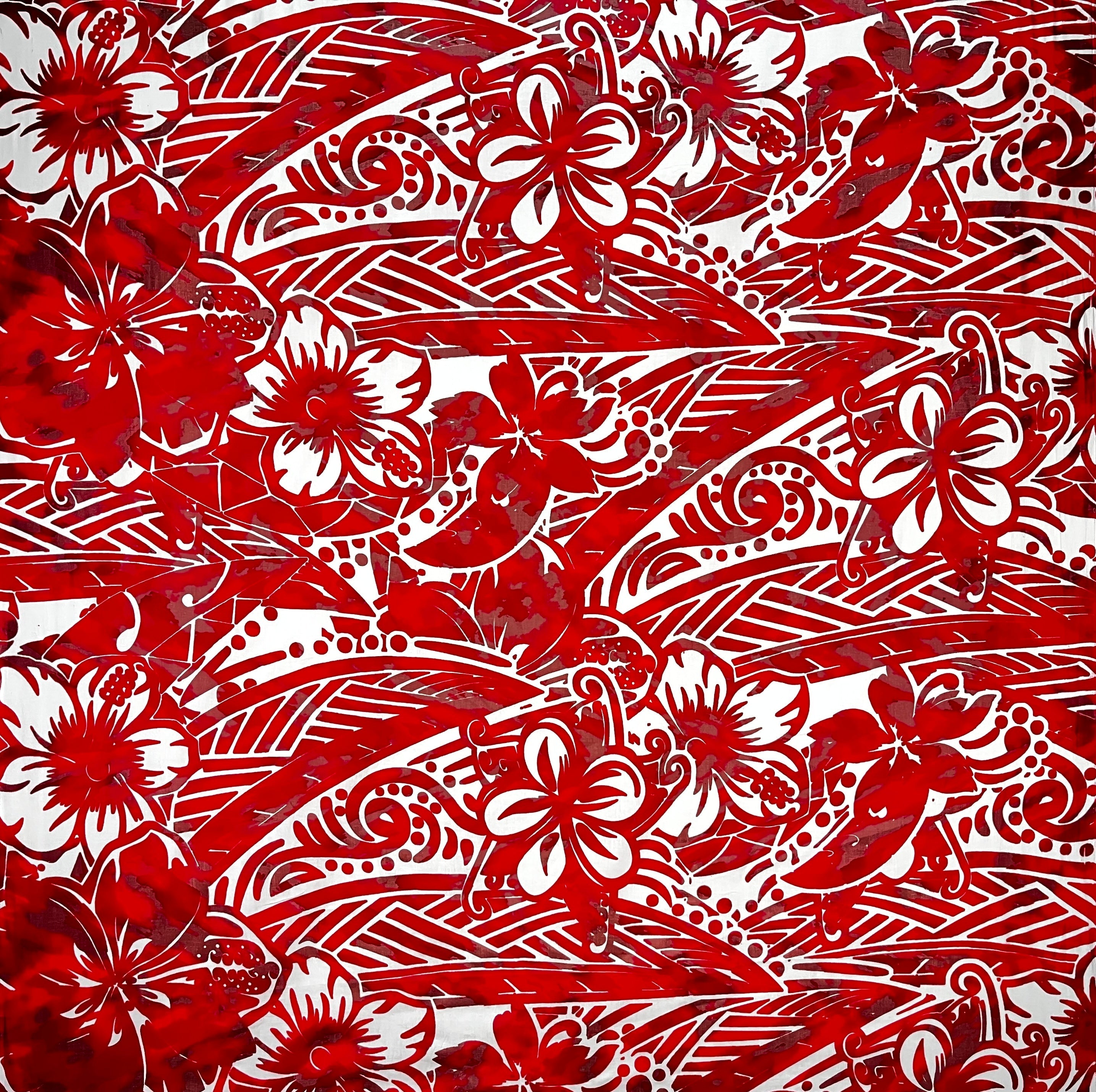 Traditional Polynesian Tattoo Hibiscus Plumeria Swirls Design Cotton Fabric | Islands Fabric