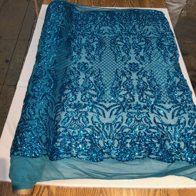 Turquoise Blue Luna Stretch Sequins Lace Fabric